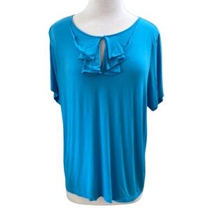 Talbots Blue Ruffle Neckline with Teardrop opening Short Sleeve Blouse Plus Size